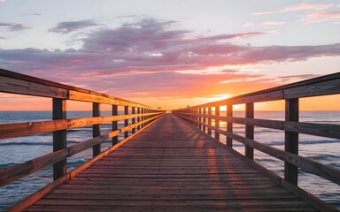 Obraz premium Sunset Over Ocean Pier - Serene Coastal Landscape with Golden Reflections