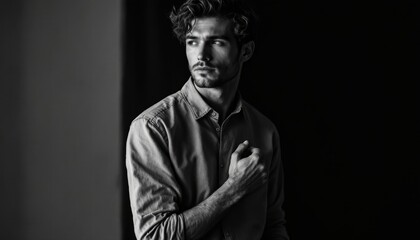 Fototapeta premium Thoughtful Man in Button-Down Shirt, Black and White Portrait