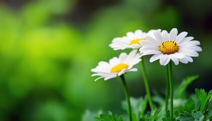 Fototapeta premium Delicate white daisies stand tall against a soothing green backdrop, showcasing nature's beauty and simplicity.