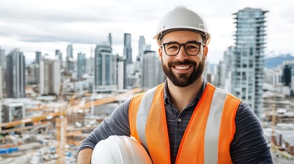 Image of a professional engineer standing confidently in an orange safety vest, holding a white helmet, against a blurred construction site background, symbolizing expertise and dedication to the job.