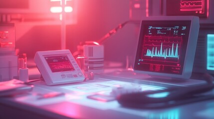 Realistic 3D scene of medical equipment and infection data reports on a table, surrounded by a faint glow to add emphasis on health risk