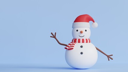 Snowman with hat and scarf waving at the camera on isolated blue background with space for copy