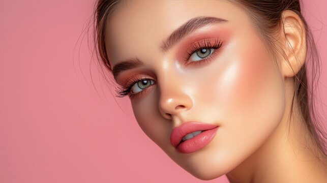 portrait of young Caucasian beautiful woman model with glowing skin pink makeup beauty cosmetic copy space
