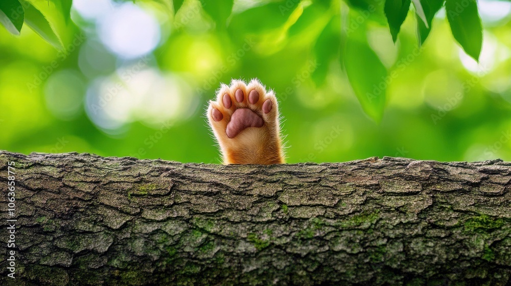 Poster a cute paw emerges from behind a tree branch, framed by green leaves, creating a playful, nature-ins