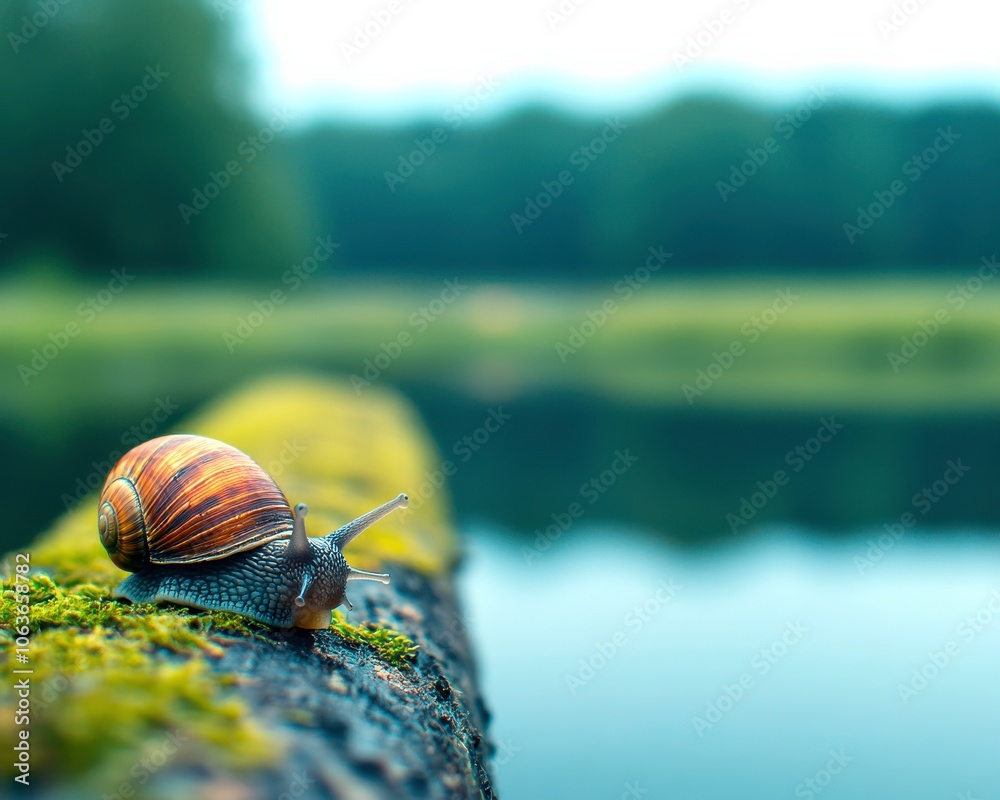 Poster a colorful snail crawls along a moss-covered log beside a tranquil body of water, surrounded by lush