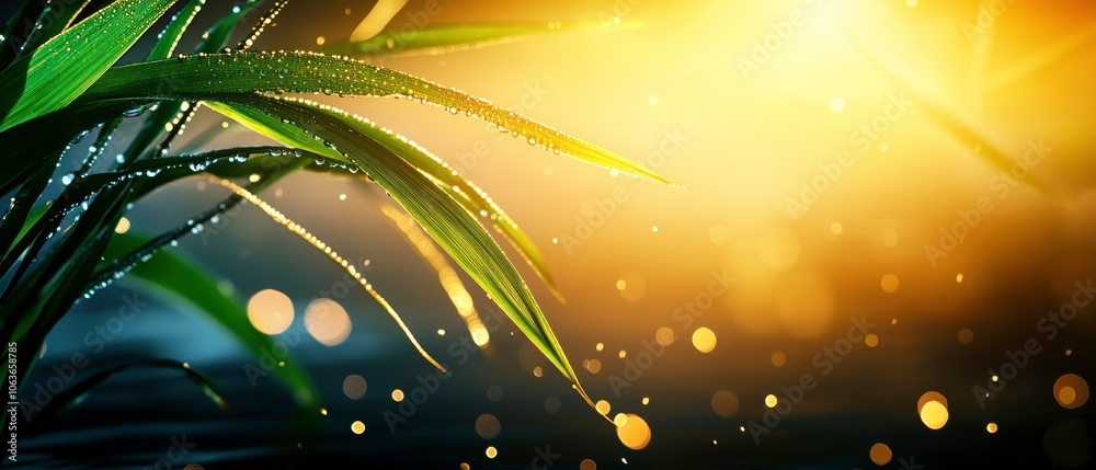 Poster a close-up of vibrant green leaves glistening with dew against a golden sunlight backdrop, creating 
