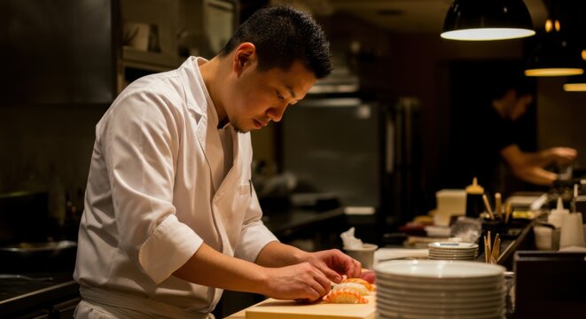 Professional chef meticulously preparing sushi in kitchen