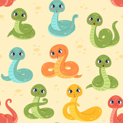 Cartoon funny snakes seamless pattern. Cute tropical animals, exotic jungle serpents, mascots, repeated nature creatures. Decor textile, wrapping, wallpaper. Print for fabric. Vector background