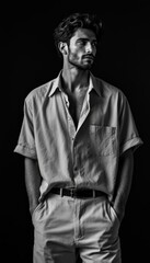 Fototapeta premium Confident Man in Casual Shirt, Black and White Portrait