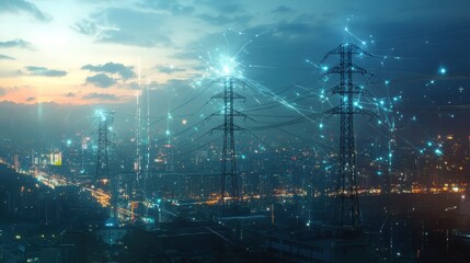 Electricity transmission towers with orange glowing wires the starry night sky. Energy infrastructure concept, energy, electricity, voltage, supply, pylon, technology