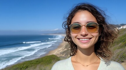 Radiating confidence and beauty, a young woman in sunglasses beams with happiness, embodying the spirit of a carefree vacation on a sunny beach.