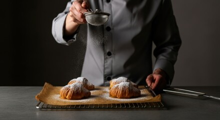 Baker dusting powdered sugar fresh pastries on wooden board