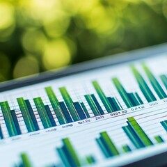 A close-up of a digital screen displaying colorful bar graphs and data.