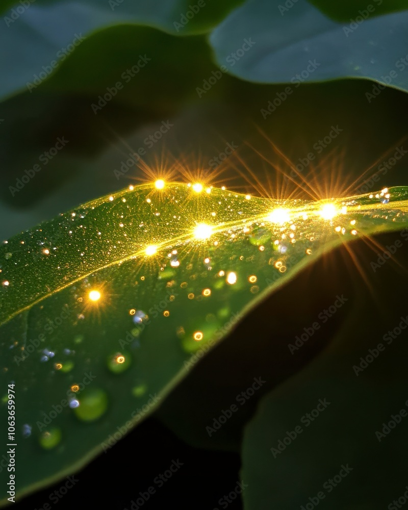 Poster a close-up of droplets on a green leaf, glistening with natural light, creating a sparkling and sere