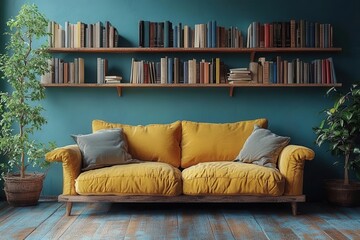 minimalistic scandinavian living room featuring a cozy sofa and stylish book stand against a calming blue wall highlighting simplicity and functionality in home decor
