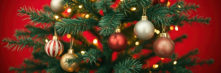 Obraz premium Christmas tree adorned with colorful ornaments and shimmering bokeh lights against a vibrant red background, decoration, ornaments