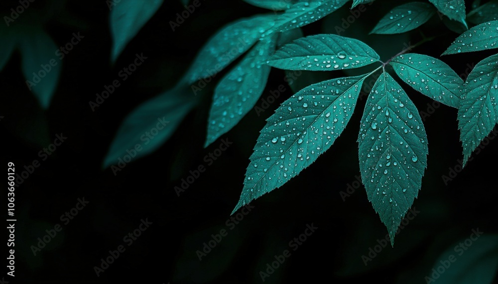 Poster a close-up of green leaves glistening with raindrops against a dark background, creating a serene an