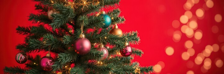 Christmas tree adorned with colorful ornaments and shimmering bokeh lights against a vibrant red background, red background