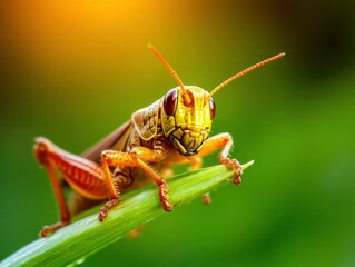 Fototapeta premium A close-up of a vibrant grasshopper perched on a green blade of grass, showcasing intricate details and colors against a blurred background.