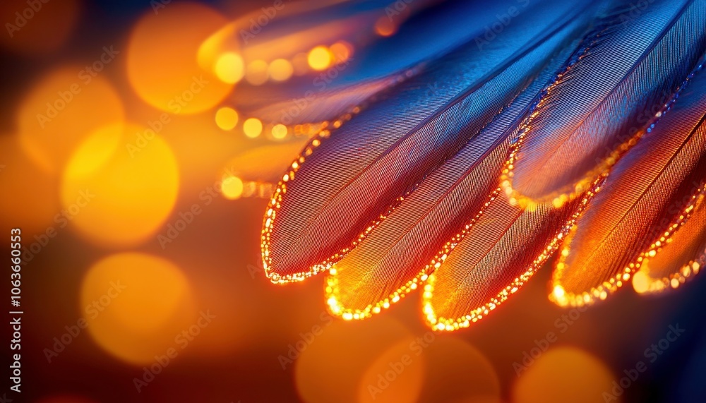 Leinwandbilder A close-up image showcasing vibrant, colorful textures and patterns resembling illuminated waves or feather-like structures against a bokeh background.