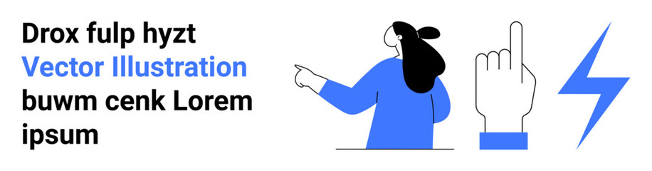 Woman pointing sideways in blue shirt, upward pointing index finger icon, and blue lightning bolt. Ideal for technology, business presentations, user interaction, educational content, marketing