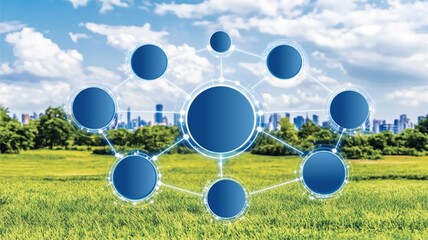 A blue circle with a green background and a city in the background