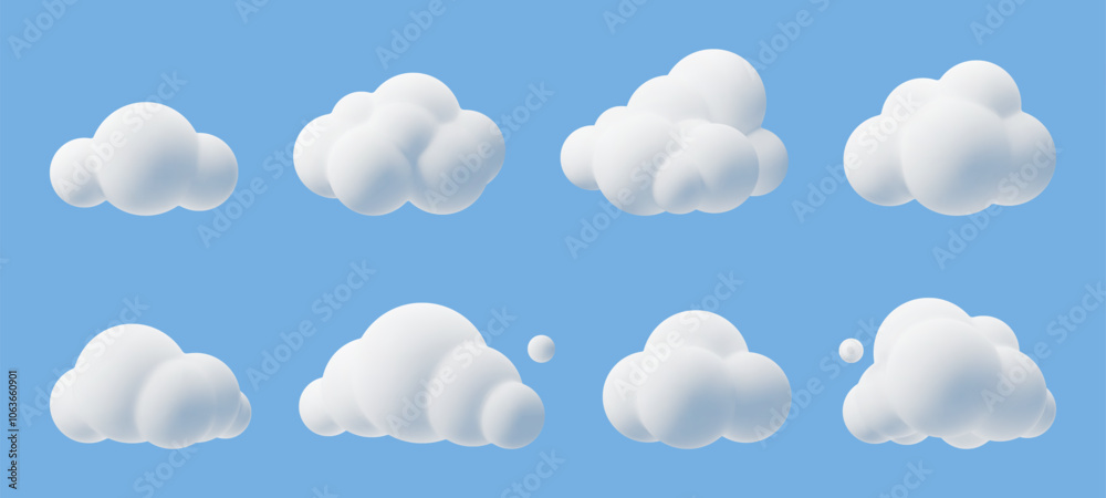 Wall mural cartoon 3d clouds. cumulus bubbled clouds in kids style, white fluffy render objects, rounded geomet