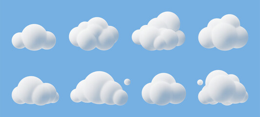 Cartoon 3d clouds. Cumulus bubbled clouds in kids style, white fluffy render objects, rounded geometric cloudy shapes, cute weather element, meteorology icons, cloudscape isolated vector set