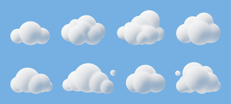 Cartoon 3d clouds. Cumulus bubbled clouds in kids style, white fluffy render objects, rounded geometric cloudy shapes, cute weather element, meteorology icons, cloudscape isolated vector set