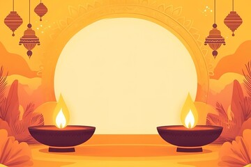 Flat illustration of a happy Diwali celebration with three oil lamps on a yellow background with a blue square shape and empty space for text, a greeting card design template