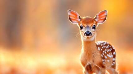 Fototapeta premium A sweet fawn stands delicately in a sunlit forest, showcasing its spots against a warm, blurred background of autumn hues.
