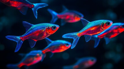Obraz premium Glowing Electric Blue and Red Neon Tetra School Illuminating Serene Underwater Wave