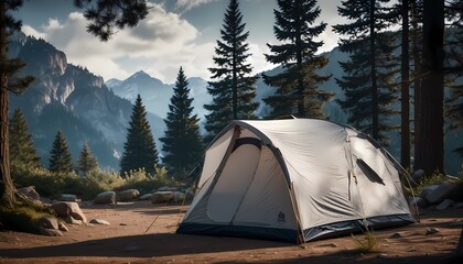 Tourist camp in the mountains, tent in the foreground