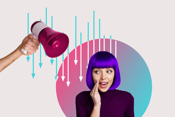 Artwork collage image of lovely charming glamour woman tell say news info isolated on pink neon background