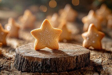 Star Shaped Gingerbread Cookies on Wooden Background