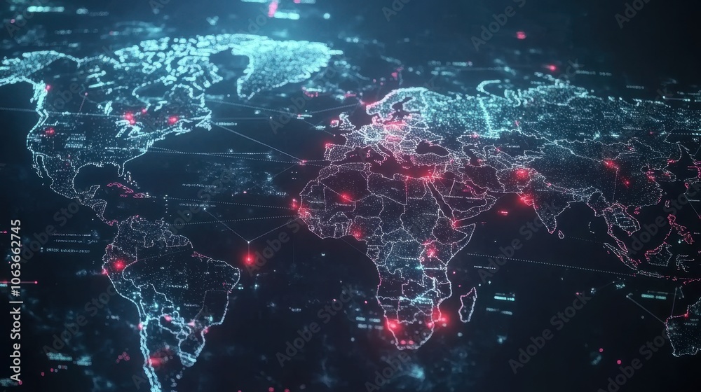 Poster digital world map with network connections and data points