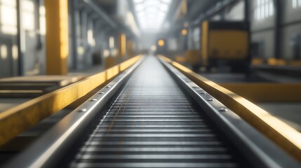 A conveyor belt transporting raw materials through a factory, conveyor belt production, factory efficiency.