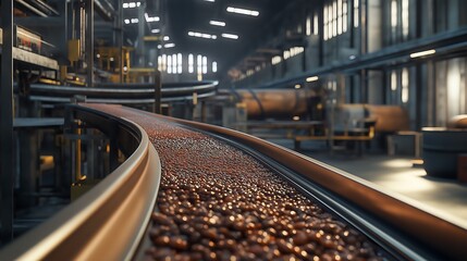 Obraz premium A conveyor belt transporting raw materials through a factory, conveyor belt production, factory efficiency.