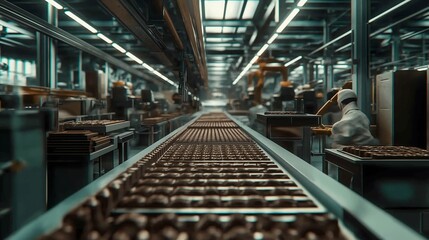 Naklejka premium A chocolate production line with chocolate bars being molded and wrapped, chocolate manufacturing, food production process.