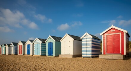 Colorful beach huts on sandy shore blue sky