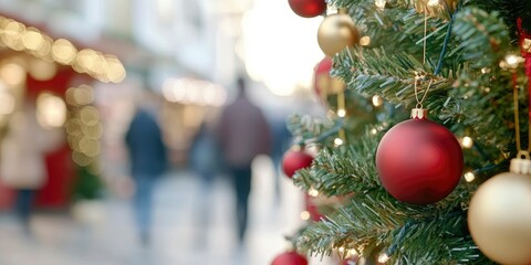 Close-up of a Christmas tree decorated with red and gold baubles, with a selsadack shop in the background and people walking by.