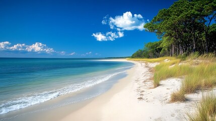 Tranquil Beach Scene with White Sand and Blue Sky