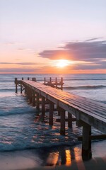 Sunset Glow on Wooden Pier - Scenic Ocean View with Reflections and Golden Sky