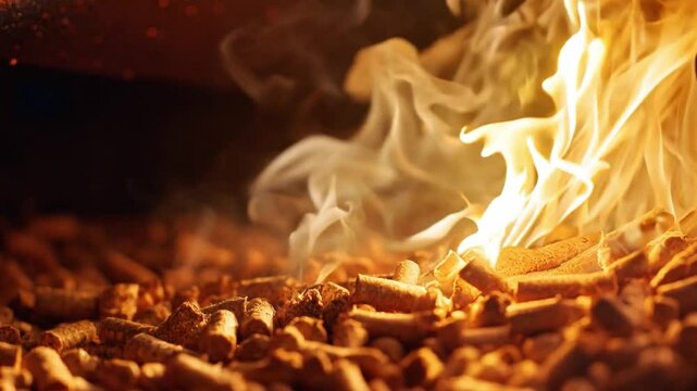 Wood pellets burning brightly in a grill, creating a warm glow and smoky aroma during a backyard barbecue event