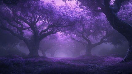 Obraz premium A magical forest with purple trees and fog. The trees have twisted branches and create a mysterious atmosphere. The fog adds to the sense of mystery and the purple light makes it look magical.
