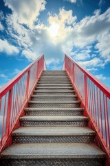 Red Handrails Leading Up Concrete Stairs to a Bright Sky