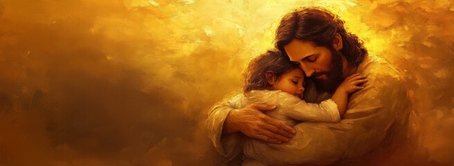 Religious Art of Jesus Christ Embracing a Child in Warm Light Banner
