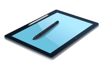 A digital tablet and stylus on a blue background, showcasing modern technology and creativity