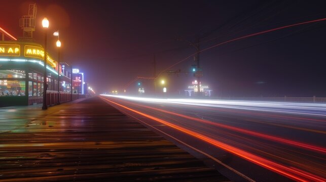 The energy of a bustling boardwalk captured in a photo of bright headlights and taillights dancing through the sea mist evoking the excitement of a coastal city at night. - Powered by Adobe