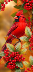 Autumn bright colorful background, red cardinal bird sitting on branches of yellow leaves, bunches of ripe berries, blue sky, beautiful foliage